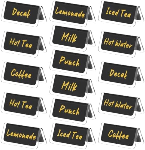 16 Pcs Acrylic Coffee Tent Sign Double Sided Table Decaf Coffee Tea in 3.35 x 1.57 inches in black with gold