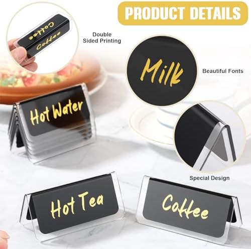 16 Pcs Acrylic Coffee Tent Sign Double Sided Table Decaf Coffee Tea in 3.35 x 1.57 inches in black with gold, alternate view