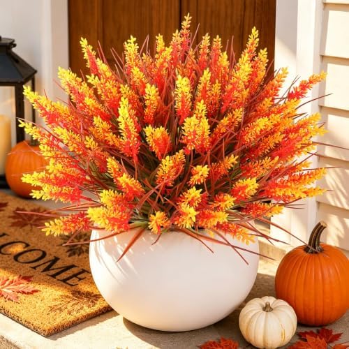 16 PCS Artificial Fall Flowers for Outdoors, Fake Lavender Plants