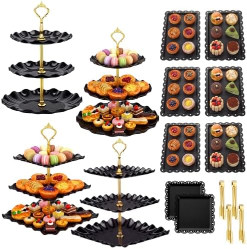 16 Pcs Dessert Table Display Set 3 Tier Cake Stands, Black in Black