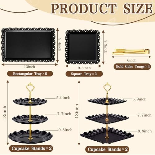 16 Pcs Dessert Table Display Set 3 Tier Cake Stands, Black in Black, alternate view 3