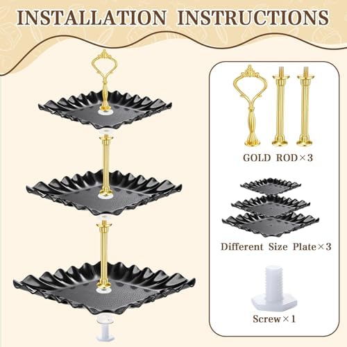 16 Pcs Dessert Table Display Set 3 Tier Cake Stands, Black in Black, alternate view 4