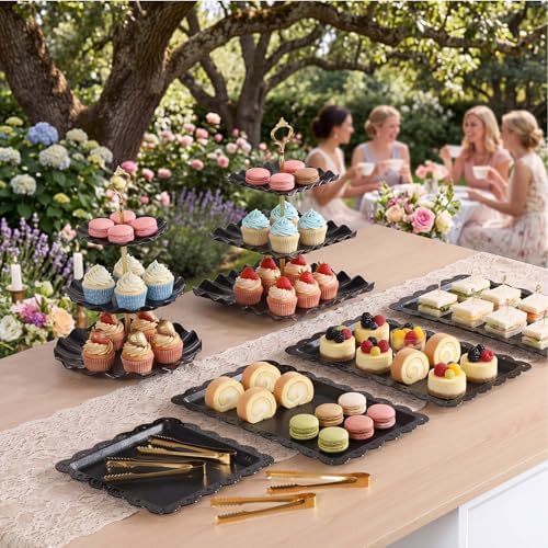 16 Pcs Dessert Table Display Set 3 Tier Cake Stands, Black in Black, alternate view 6