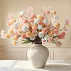 16 Pcs Faux Silk Mums with Eucalyptus, Fake Chrysanthemum for Vase in Beige Pink Orange White