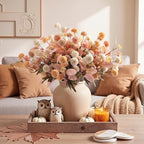16 Pcs Faux Silk Mums with Eucalyptus, Fake Chrysanthemum for Vase in Beige Pink Orange White, alternate view 2