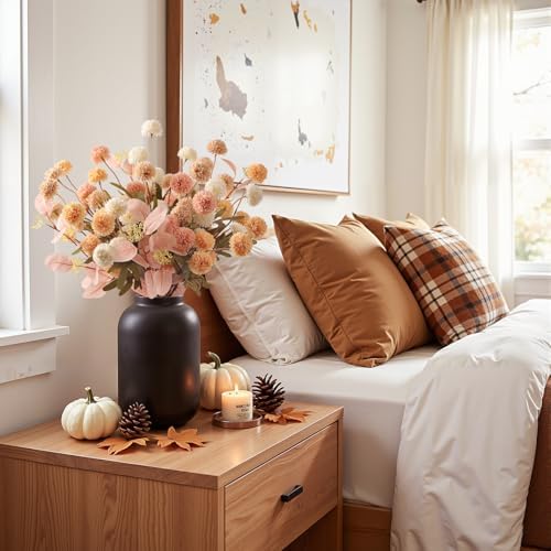 16 Pcs Faux Silk Mums with Eucalyptus, Fake Chrysanthemum for Vase in Beige Pink Orange White, alternate view 4