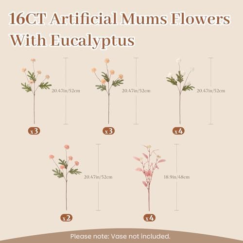 16 Pcs Faux Silk Mums with Eucalyptus, Fake Chrysanthemum for Vase in Beige Pink Orange White, alternate view 6