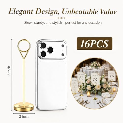 16 Pcs Gold Table Number Holders, 6-Inch Stable Place Card Holders with Non-Slip Base, Metal Photo Stands for, alternate view