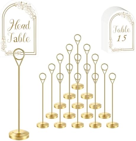 16 PCS Gold Table Number Holders With Table Numbers 1-15 & Head Table Card, 8" Weighted Base Place Card Holders