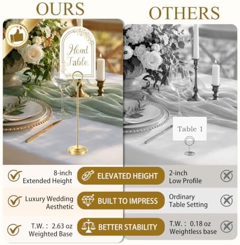 16 PCS Gold Table Number Holders With Table Numbers 1-15 & Head Table Card, 8" Weighted Base Place Card Holders, alternate