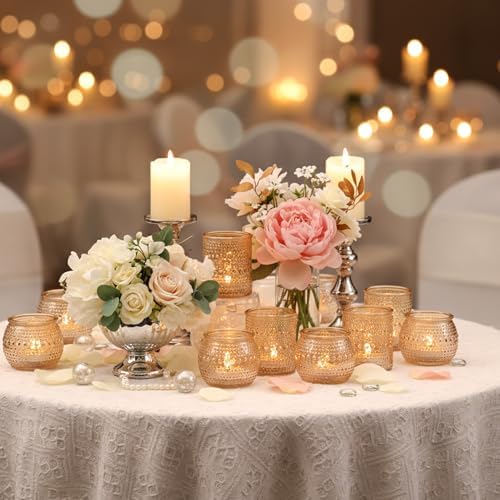 16 Pcs Gold Votive Candle Holders- Gold Centerpieces for Tables, Assorted Tealight Candle Holders for Wedding, alternate view