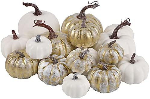 16 Pcs Golden and White Pumpkins Fall Decorations for Home