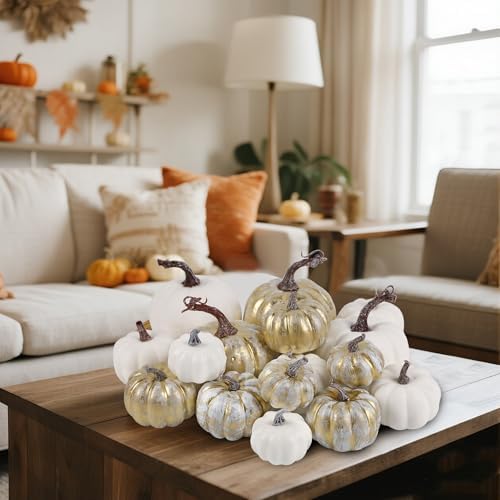 16 Pcs Golden and White Pumpkins Fall Decorations for Home, alternate view 2