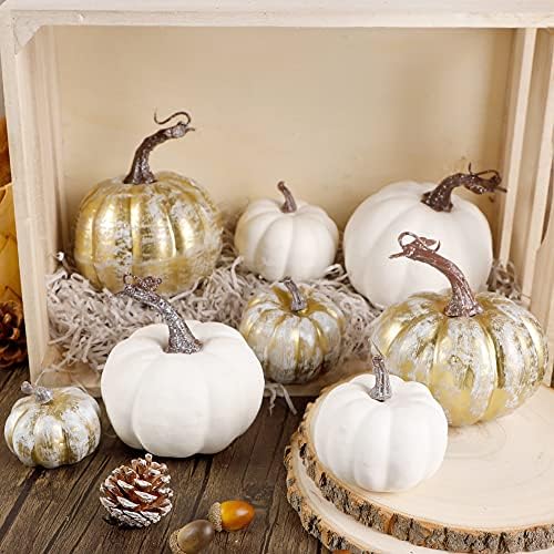 16 Pcs Golden and White Pumpkins Fall Decorations for Home, alternate view 4