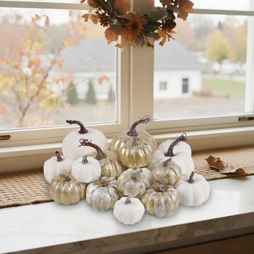 16 Pcs Golden and White Pumpkins Fall Decorations for Home, alternate view 5