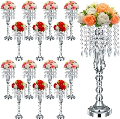 16 Pcs Wedding Table Centerpiece with Chandelier Flower Silver 21.3” in Silver