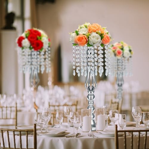 16 Pcs Wedding Table Centerpiece with Chandelier Flower Silver 21.3” in Silver, alternate view 2
