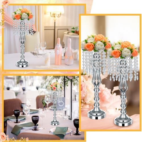 16 Pcs Wedding Table Centerpiece with Chandelier Flower Silver 21.3” in Silver, alternate view 4