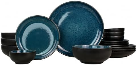 16-Piece Stoneware Dinnerware Set for 4, Glossy Black/Blue Big Dinner Plates and Bowls Sets with Reactive Glaze