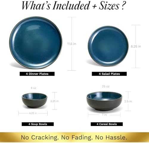 16-Piece Stoneware Dinnerware Set for 4, Glossy Black/Blue Big Dinner Plates and Bowls Sets with Reactive Glaze, alternate