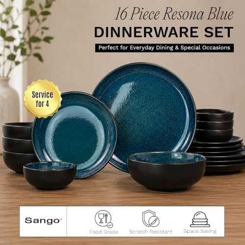 16-Piece Stoneware Dinnerware Set for 4, Glossy Black/Blue Big Dinner Plates and Bowls Sets with Reactive Glaze, alternate