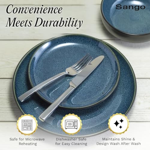 16-Piece Stoneware Dinnerware Set for 4, Glossy Black/Blue Big Dinner Plates and Bowls Sets with Reactive Glaze, alternate
