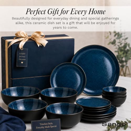 16-Piece Stoneware Dinnerware Set for 4, Glossy Black/Blue Big Dinner Plates and Bowls Sets with Reactive Glaze, alternate