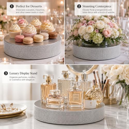 16" Silver Round Metal Pedestal Cake Stand with Rhinestones, Cupcake Holder for Wedding Reception & Events in, alternate view