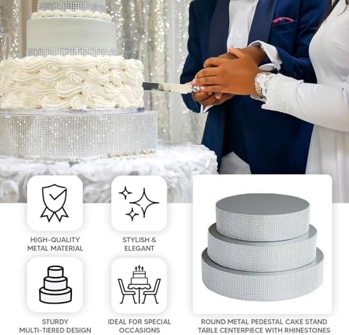 16" Silver Round Metal Pedestal Cake Stand with Rhinestones, Cupcake Holder for Wedding Reception & Events in, alternate view