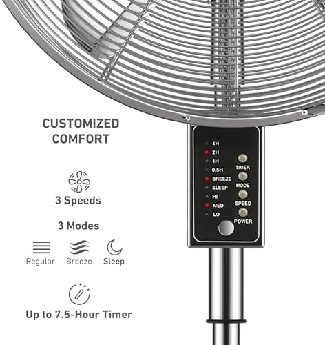 16" Vintage Digital Metal Stand Fan with Remote, Chrome Silver, alternate view 4