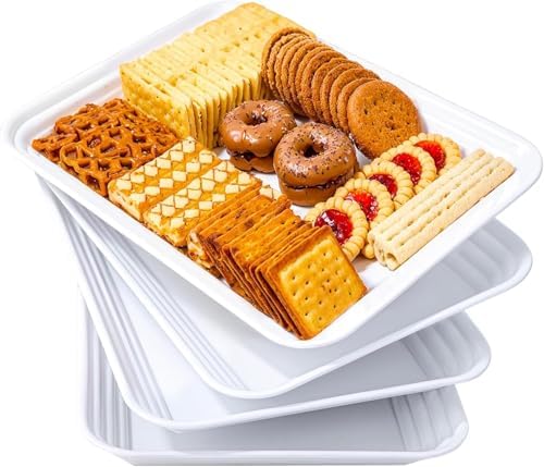 16" x 11" Large White Serving Trays, 4-Pack Reusable Plastic Platters for Cookies, Appetizers, Charcuterie