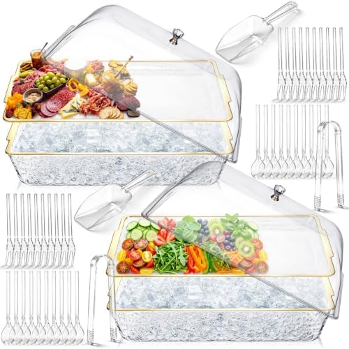 16" x 9" Chilled Serving Tray with lids, Gold-A, 2 Set in Gold-a
