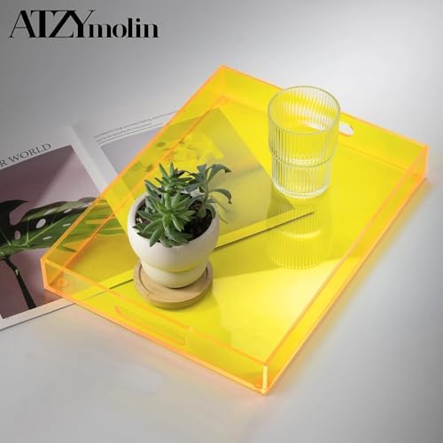 16"x12" Large Acrylic Serving Tray, Vanity Platter, Neon Yellow in Neon Yellow - Medium, alternate view 2