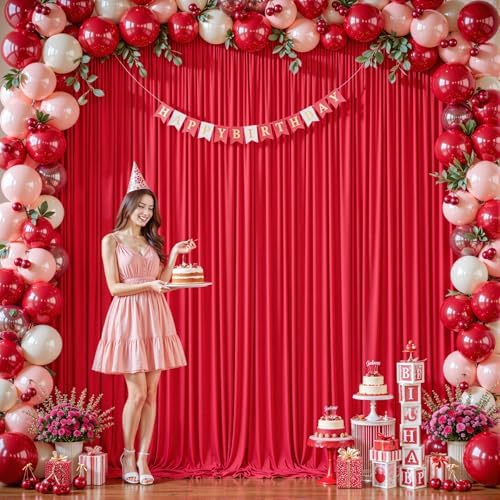 16ftx10ft Wrinkle Free Red Backdrop Curtain - 10 Feet Photography Backdrop Drapes, Silky Polyester Back Drop, alternate view