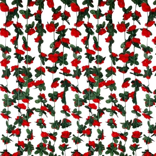 16Pcs 126Ft Red Rose Garland, Fake Rose Hanging Flowers, Artificial Flower Vine, Hanging Floral Vine Garland for