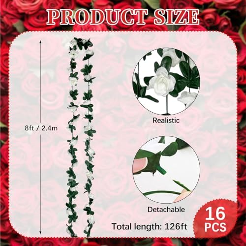 16Pcs 126Ft White Rose Garland, Fake Rose Hanging Flowers, Artificial Flower Vine, Hanging Floral Vine Garland, alternate