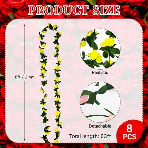 16Pcs 126Ft Yellow Rose Garland, Fake Rose Hanging Flowers, Artificial Flower Vine, Hanging Floral Vine Garland, alternate