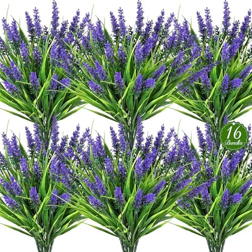 16PCS Artificial Flowers for Outdoors, Fake Lavender Plant, Purple