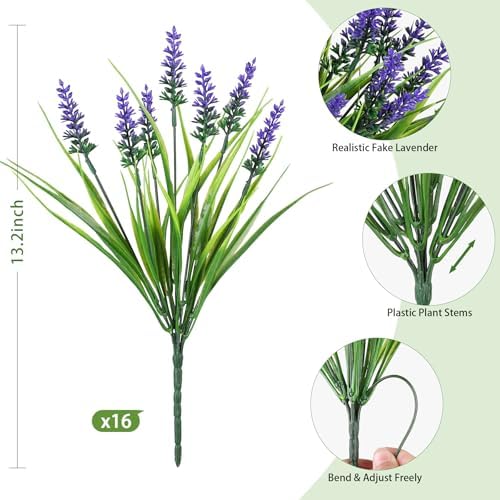 16PCS Artificial Flowers for Outdoors, Fake Lavender Plant, Purple, alternate view 5
