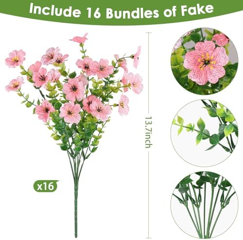 16PCS Artificial Pink Flowers for Outdoors, Fake Silk Pink Flowers, alternate view 2