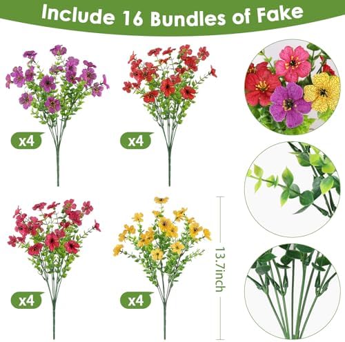 16PCS UV Resistant Artificial Flowers for Outdoors, Mix 4 Colors, alternate view 2