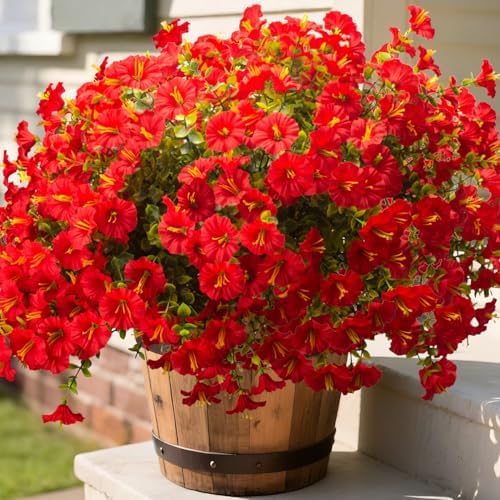 16PCS UV Resistant Artificial Morning Glory Flowers with Eucalyptus - Red Faux Silk Plastic Fake Plants for