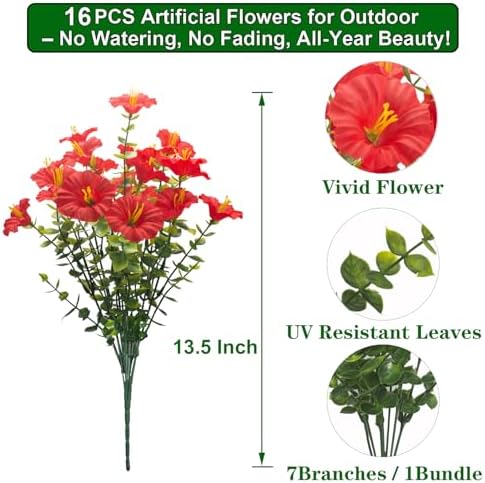 16PCS UV Resistant Artificial Morning Glory Flowers with Eucalyptus - Red Faux Silk Plastic Fake Plants for, alternate view 2