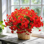 16PCS UV Resistant Artificial Morning Glory Flowers with Eucalyptus - Red Faux Silk Plastic Fake Plants for, alternate view 3