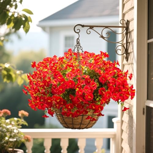 16PCS UV Resistant Artificial Morning Glory Flowers with Eucalyptus - Red Faux Silk Plastic Fake Plants for, alternate view 5