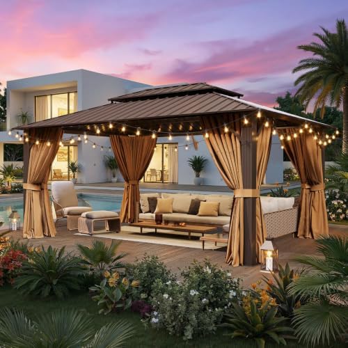 16x12FT Hardtop Gazebo with 72FT Solar String Lights Brown in 16x12FT