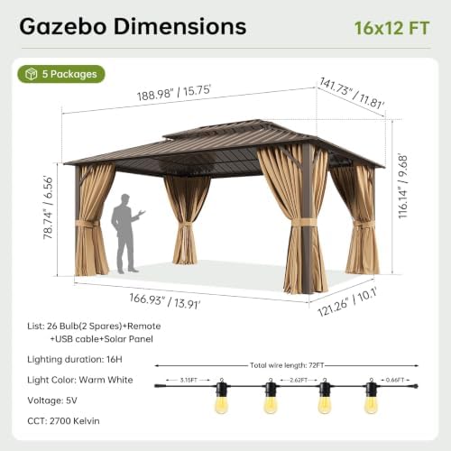 16x12FT Hardtop Gazebo with 72FT Solar String Lights Brown in 16x12FT, alternate view 2