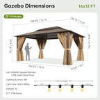 16x12FT Hardtop Gazebo with 72FT Solar String Lights Brown in 16x12FT, alternate view 2