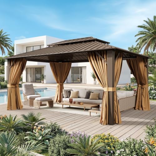 16x12FT Hardtop Gazebo with 72FT Solar String Lights Brown in 16x12FT, alternate view 3