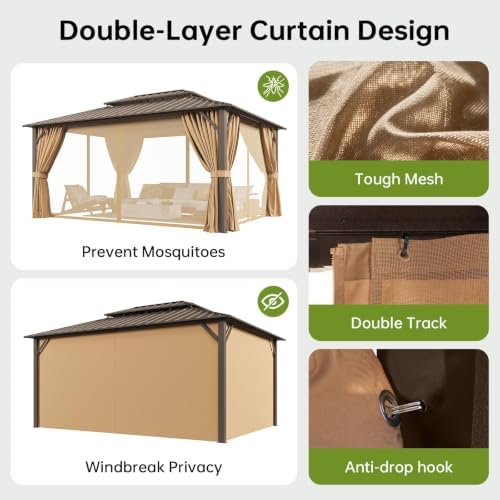 16x12FT Hardtop Gazebo with 72FT Solar String Lights Brown in 16x12FT, alternate view 5